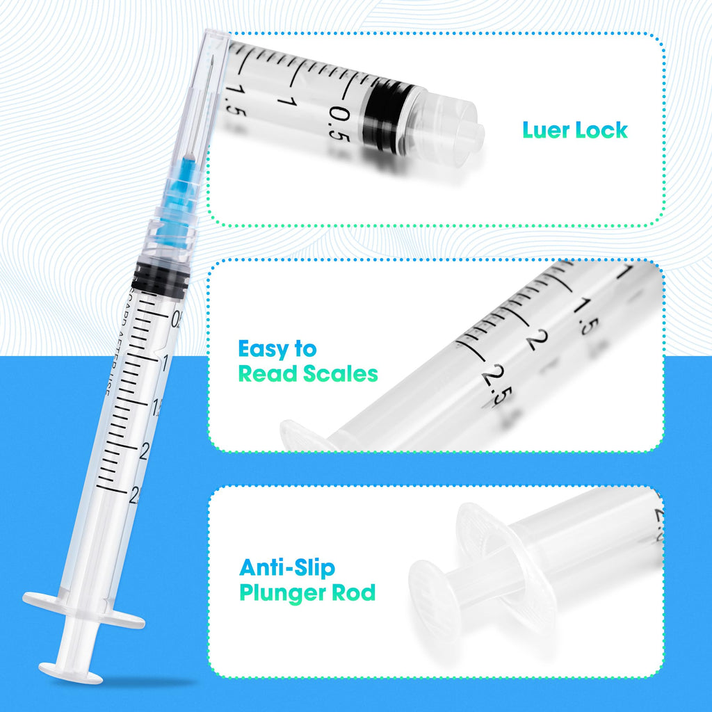 Meterbox 100 Pack 2.5ml Syringes with Needle - 23G 1 inch Disposable 2.5cc Luer Lock Syringe for Scientific Lab Use, Sterile Individually Wrapped