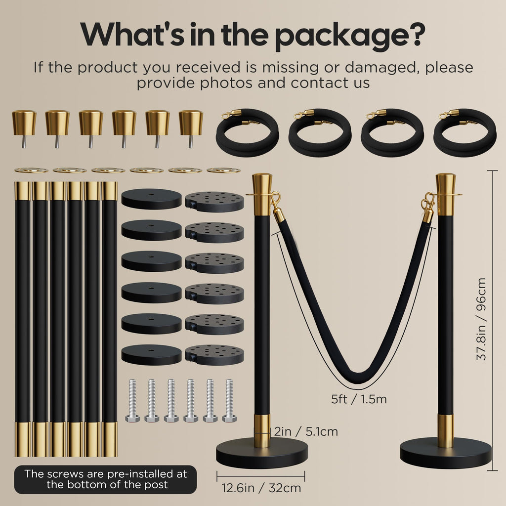 6 Pack Black&Gold Stanchions and Velvet Ropes Set, Stainless Steel Crowd Control Barriers, 4Pcs Black Ropes and Poles for Party Supplies,Photobooth Accessories, Prom,Birthday,Business,Wedding, Museums
