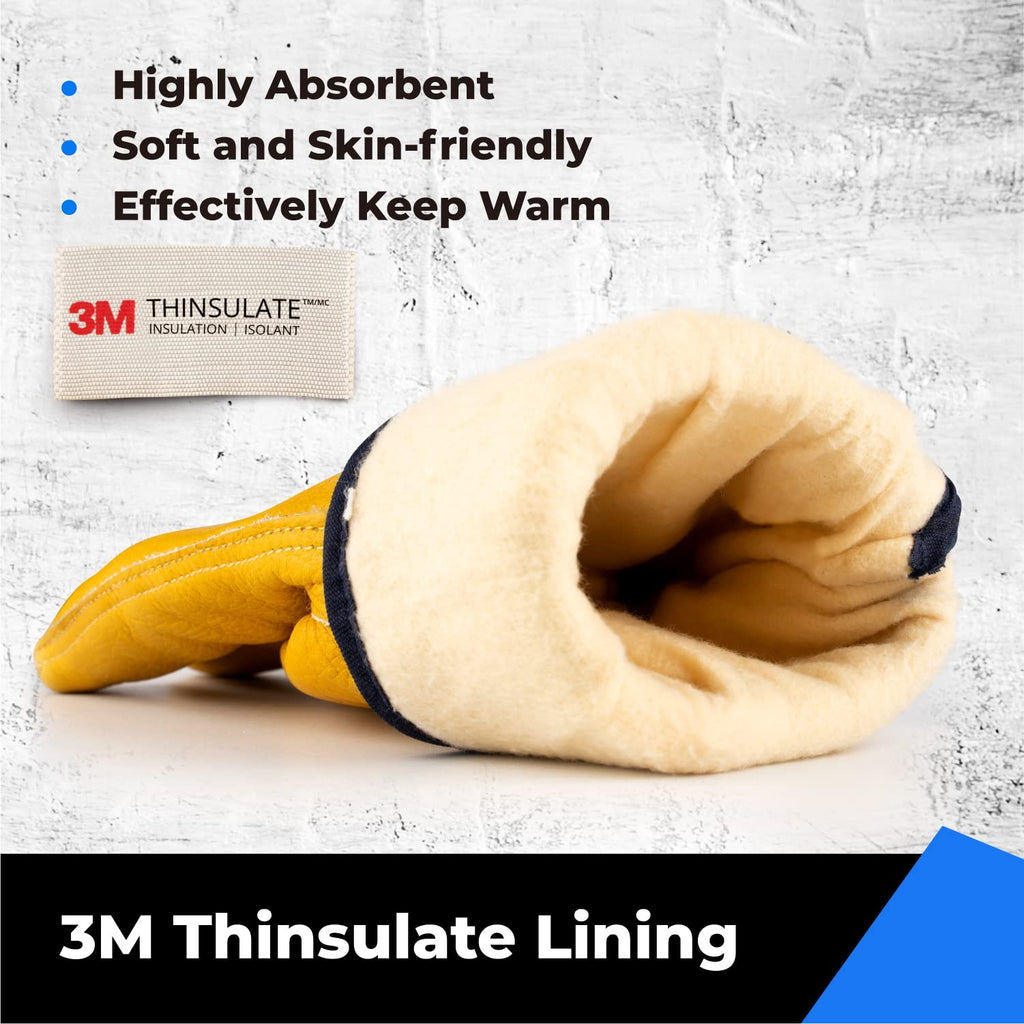 toolant 2 Pairs Winter Leather Work Gloves, Warm Thinsulate Lining for Cold Weather Work, 100% Full Grain Cowhide with Abrasion and Puncture Resistance, Size Medium