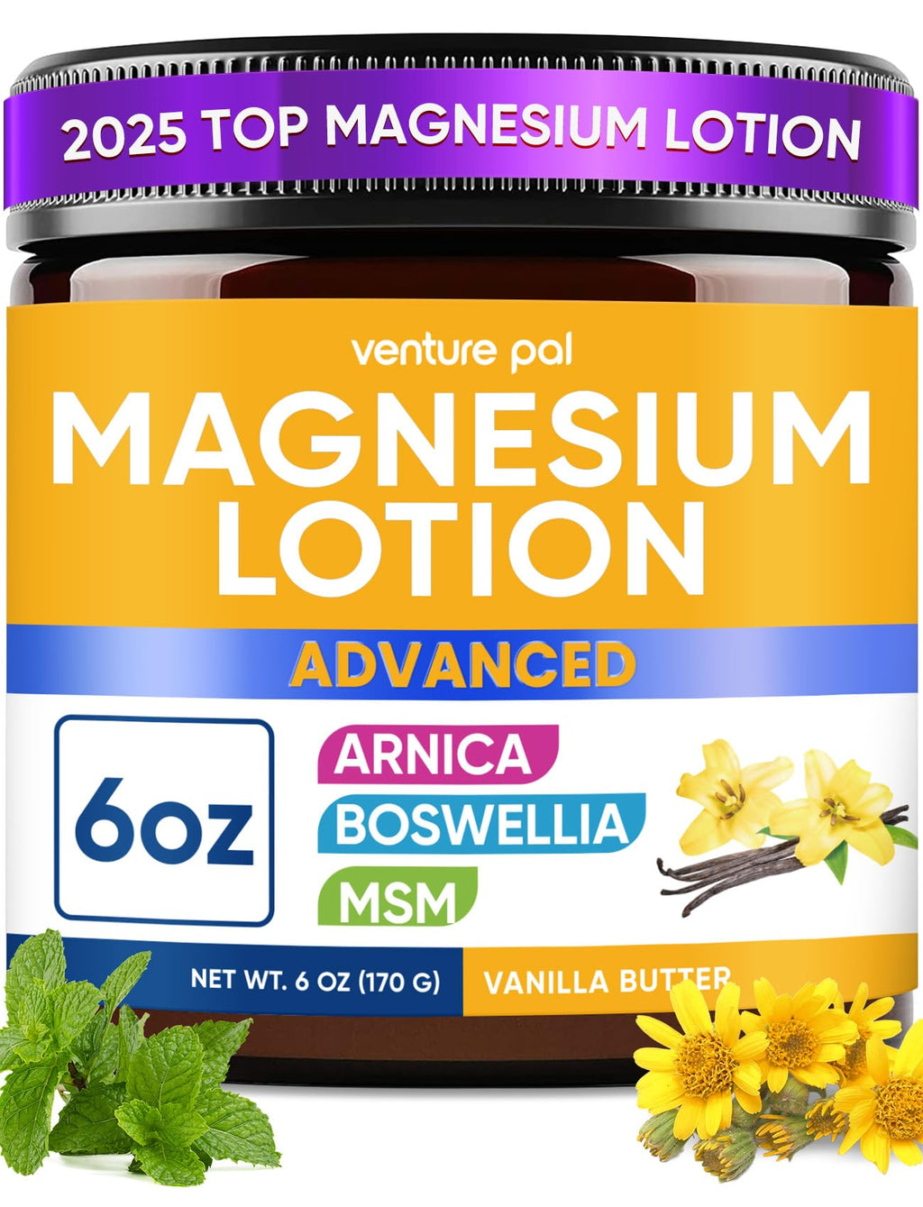 Magnesium Lotion with Arnica, MSM & Boswellia – Cooling Magnesium Cream – Lightweight Moisturizing Lotion for Legs & Feet – Safe for Kids – 6 fl oz