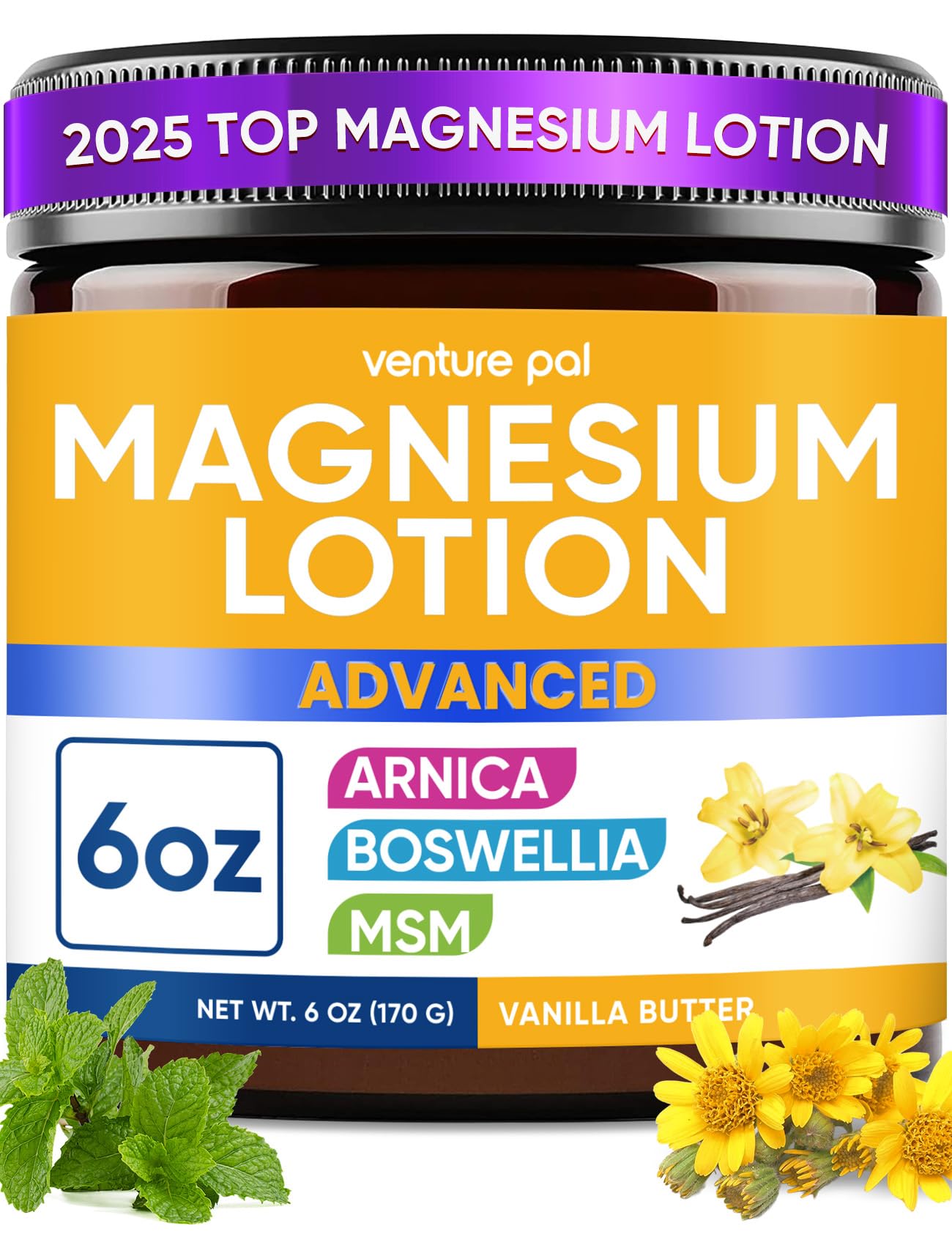 Magnesium Lotion with Arnica, MSM & Boswellia – Cooling Magnesium Cream – Lightweight Moisturizing Lotion for Legs & Feet – Safe for Kids – 6 fl oz