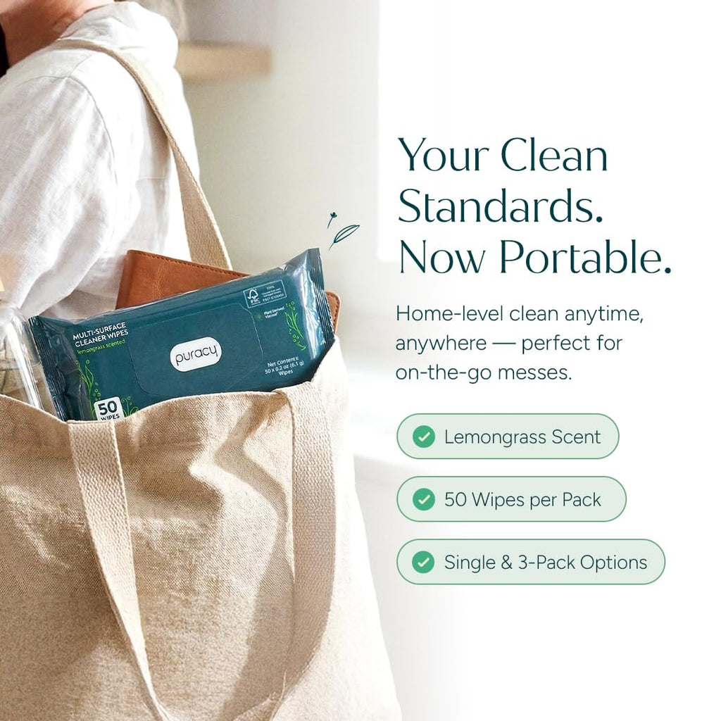 Puracy Multi-Surface Cleaning Wipes – Non Toxic Multi Surface Cleaner for Grease & Grime, All Purpose Appliance Wipes, Lemongrass Scent (10.8 oz, 3 Pack, 150 Count)