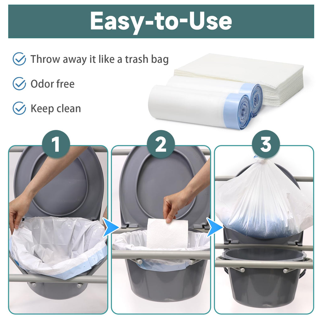 Commode Liners with Absorbent Pads, 50 Bedside Commode Liners and 50 Commode Pads, Portable Toilet Liners, Disposable Commode Bags Universal Fit All Standard Toilet Chair Bucket