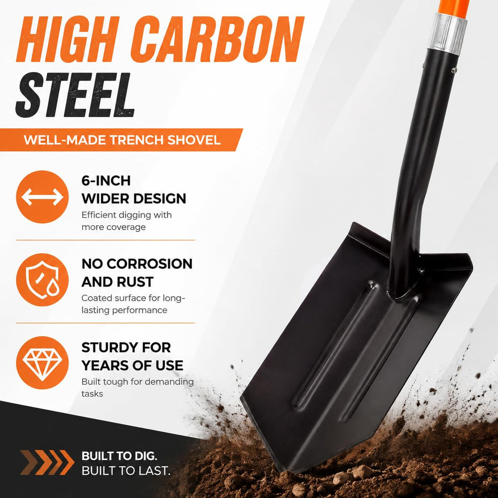 VNIMTI Trench Shovel Heavy Duty, 6-Inch Trenching Shovel with Fiberglass Handle, 58 Inches
