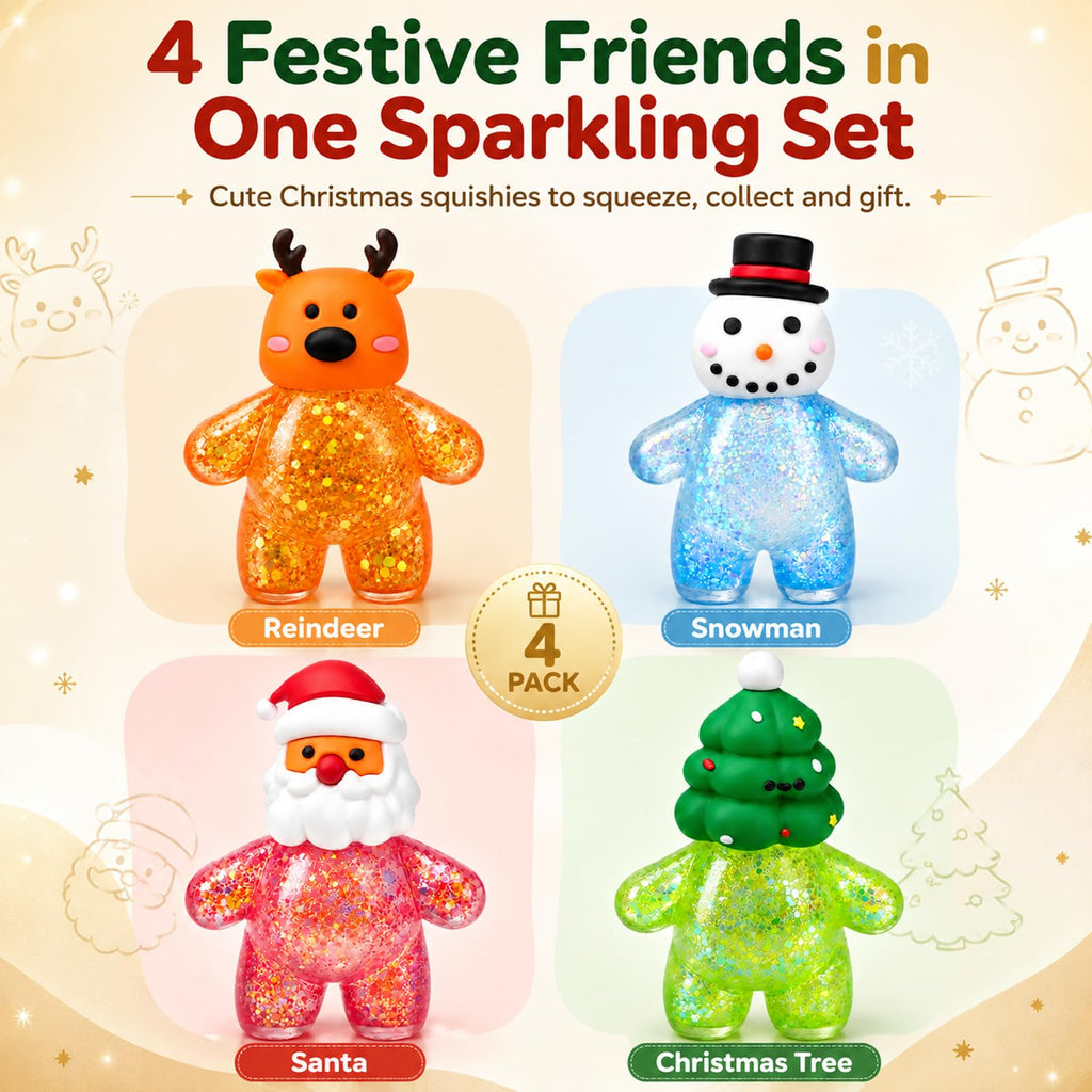 4Pcs Christmas Squishies Toy, Shiny Slow Rising Squeeze Squishy Toys with Soft Body, Fidget Stress Ball, Santa, Snowman,Reindeer,Christmas Tree, Stocking Stuffers, White Elephant Gift for Kids Teens