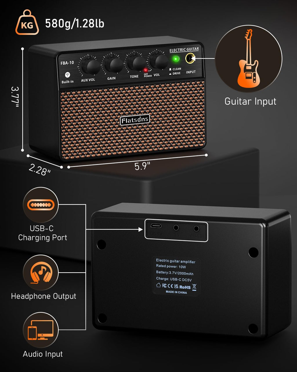 10W Mini Guitar Amp,Rechargeable Electric Guitar Amplifier