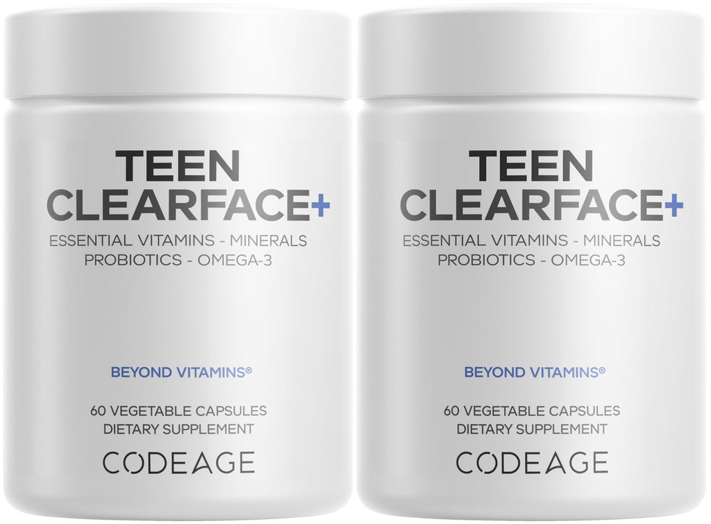 Codeage Teen Clearface Adolescent Face, Skin & Pimples, Vitamins A, C, D3, E, Pantothenic Acid, Niacin, Zinc Supplement Teenagers, Probiotics, L-Lysine, Omega-3, Oily Skin, Pores, Spots - 2 Pack