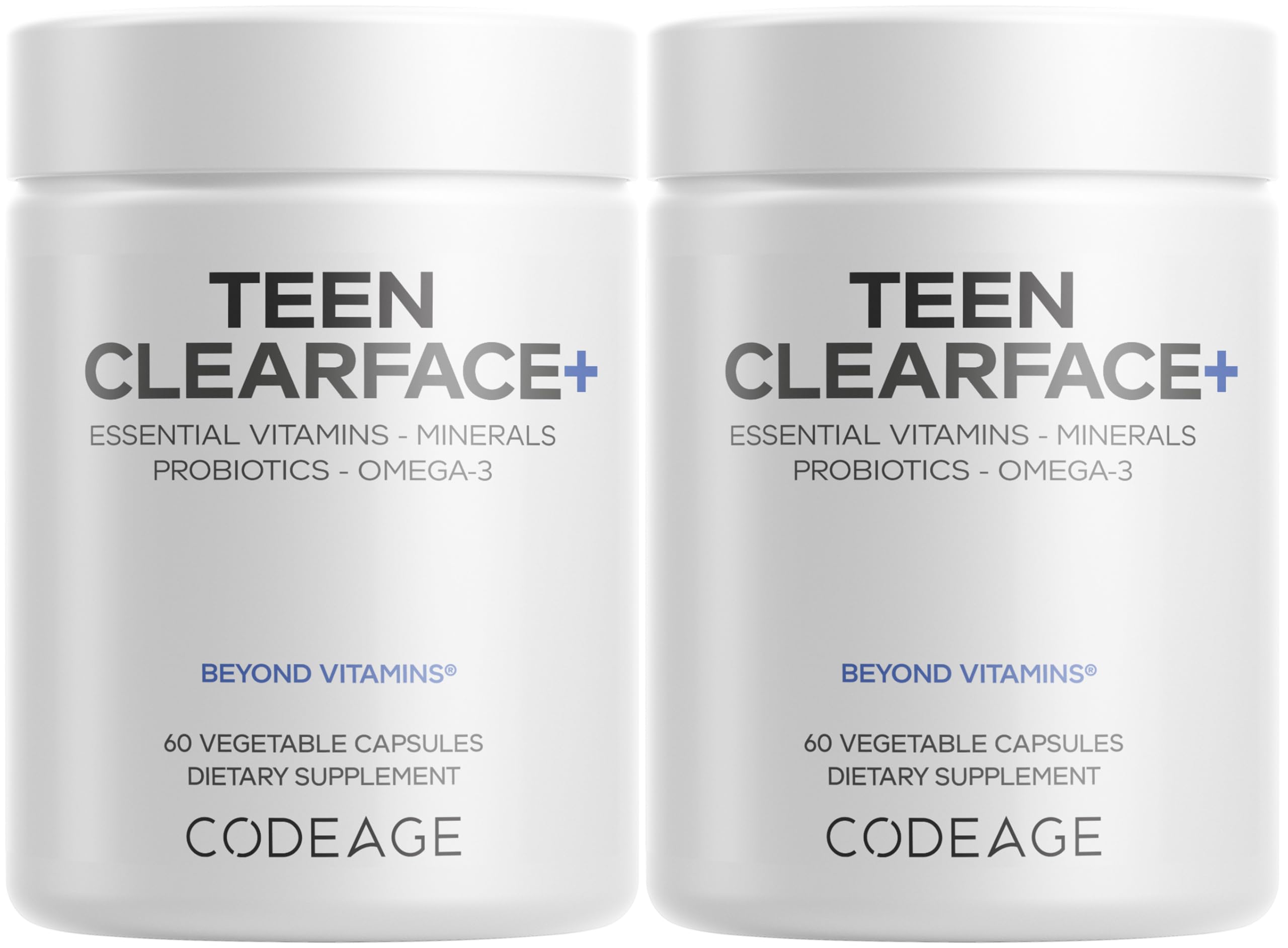 Codeage Teen Clearface Adolescent Face, Skin & Pimples, Vitamins A, C, D3, E, Pantothenic Acid, Niacin, Zinc Supplement Teenagers, Probiotics, L-Lysine, Omega-3, Oily Skin, Pores, Spots - 2 Pack