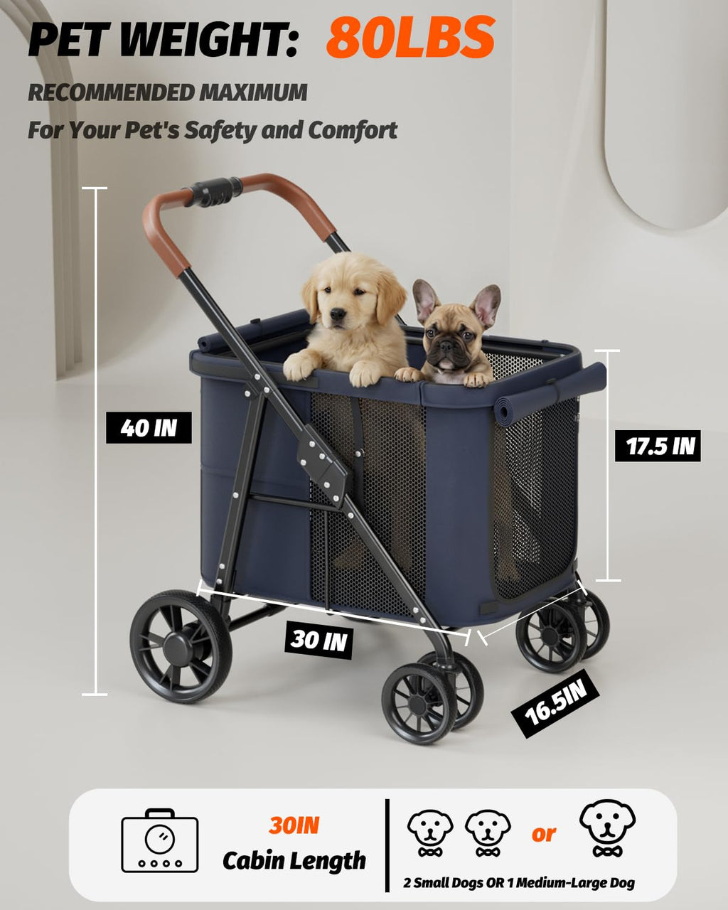 NUGUTIC Dog Stroller for Large & Medium Dogs, Pet Stroller for 2 Small Dogs Up to 80 Lbs, Extra Large Heavy Duty, Folding & Breathable, All-Terrain Wheels, Navy Blue