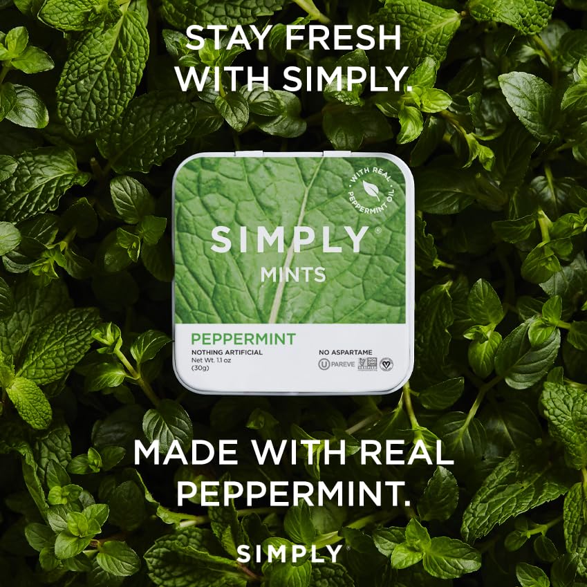 SIMPLY Peppermint Breath Mints, 6 Tins (30 Each) Sweetened by Cane Sugar