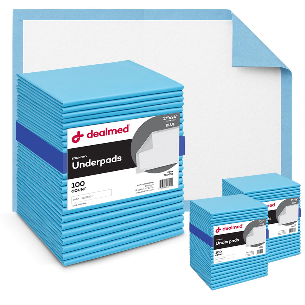 Dealmed Economy Absorbency Medical Underpads (100 Pads) Disposable 2-Ply Tissue Fill, 24" x 17", Blue, Perfect for Pet Pads, Furniture Protection, Liquid Accident and More, 100 Ct. (1 Pack)