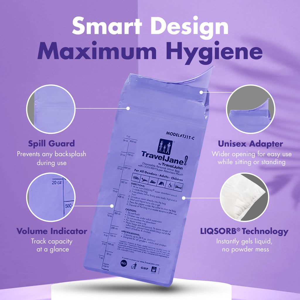 TravelJane Resealable Disposable Urinal Bags 28oz (6 Pack) – Travel Urinal for Women, Men & Kids – Odorless Leakproof Portable Urine Bags – Ideal for Camping, Emergencies & Long Car Rides (TJ1T-C)