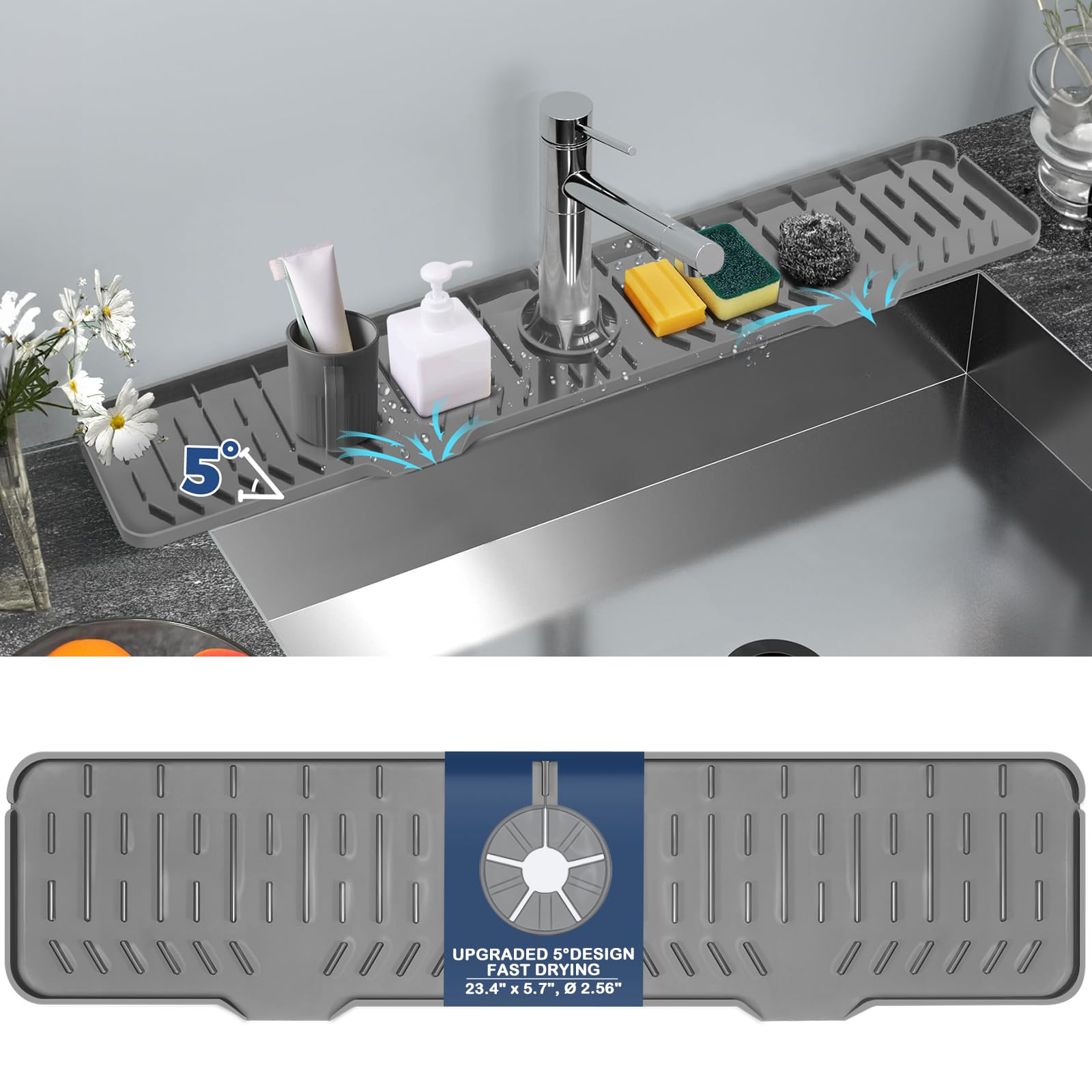 24" Splash Guard Plus Size Silicone Sink Faucet Drying Mat Handle Drip Catcher Tray Dish Sponge Holder Kitchen Accessories Protector Home Organization Gadgets Organizer