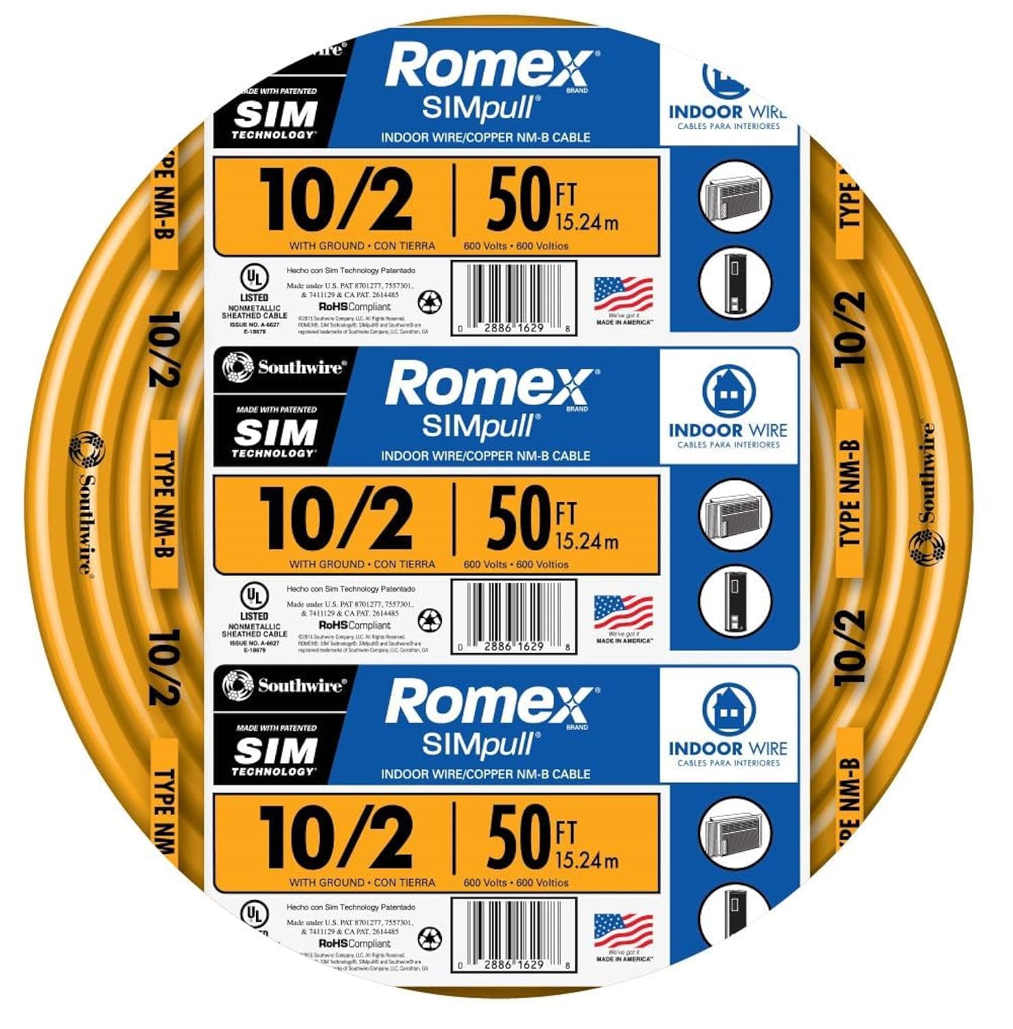 Southwire Romex™ Brand Simpull Solid Indoor 10/2 W/G NMB Cable 50ft coil - SW# 28829022