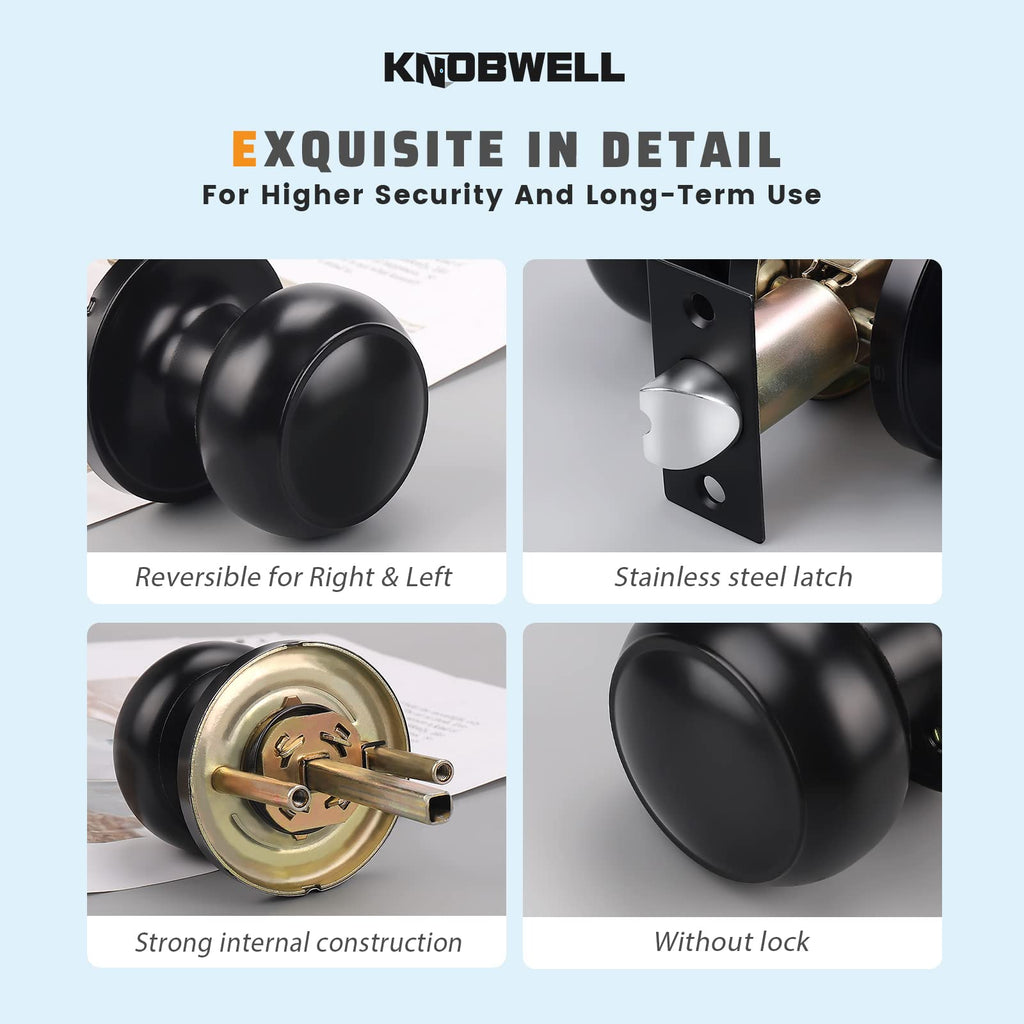 KNOBWELL 10 Pack Modern Door Knob Passage Door Knob, Black Closet Door Knobs, Non Locking Interior Door Knobs Round Ball Door Handle Lockset, Matte Black Keyless Doorknob for Hallway