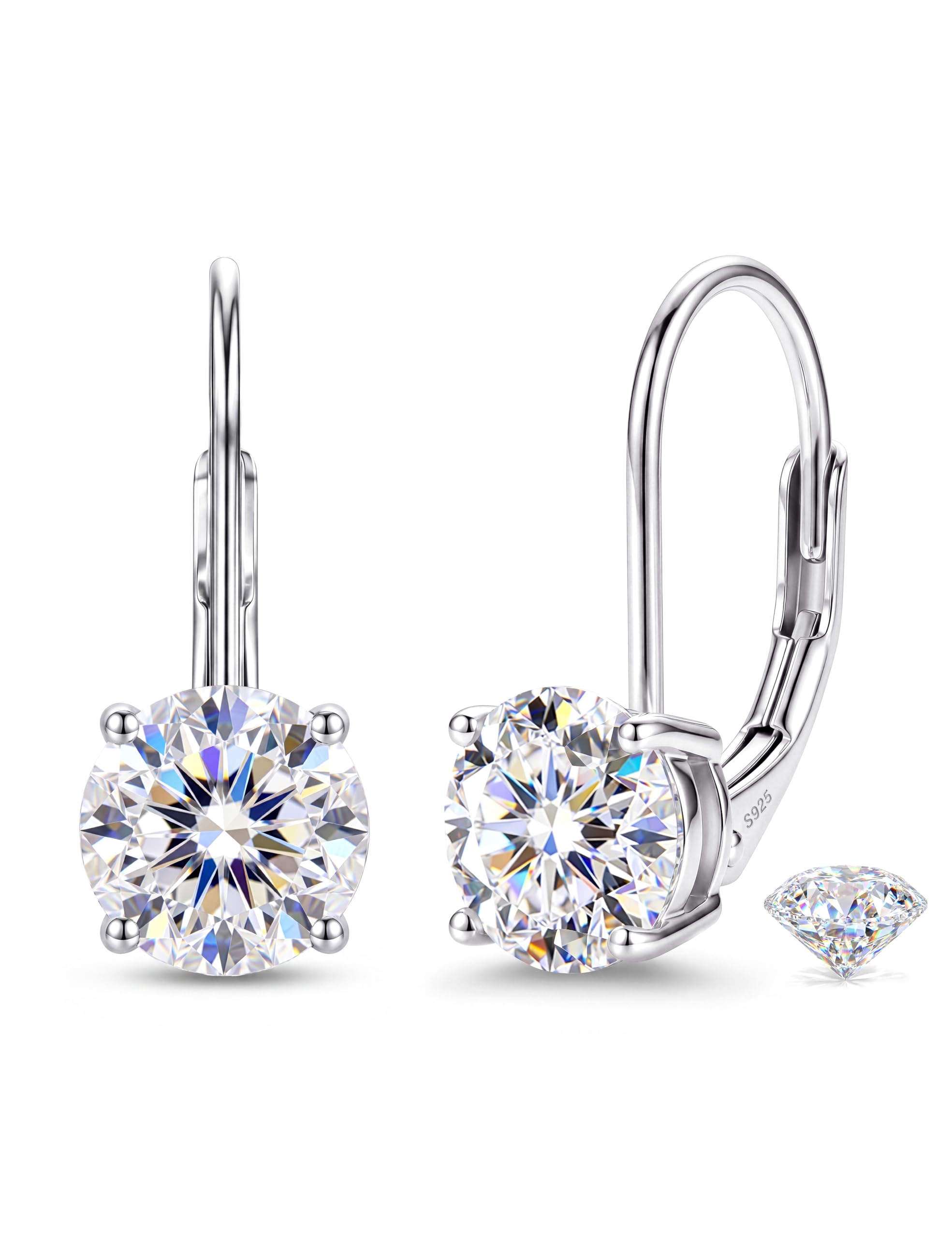 GEMQUEEN Moissanite Leverback Earrings 925 Sterling Silver 2CT