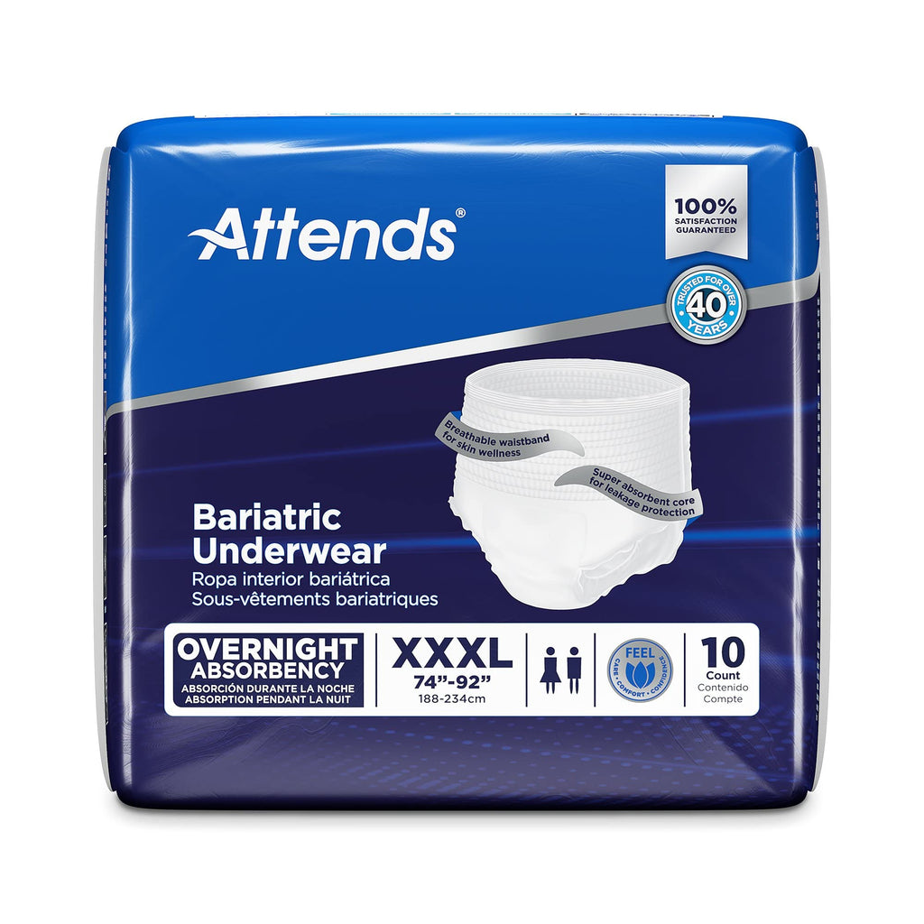 Attends Bariatric Adult Incontinence Underwear, 3X-Large (74-92"), [10 Count] - Overnight Absorbency for Men and Women, Disposable Pull-On Diapers with Tear-Away Sides, AU60
