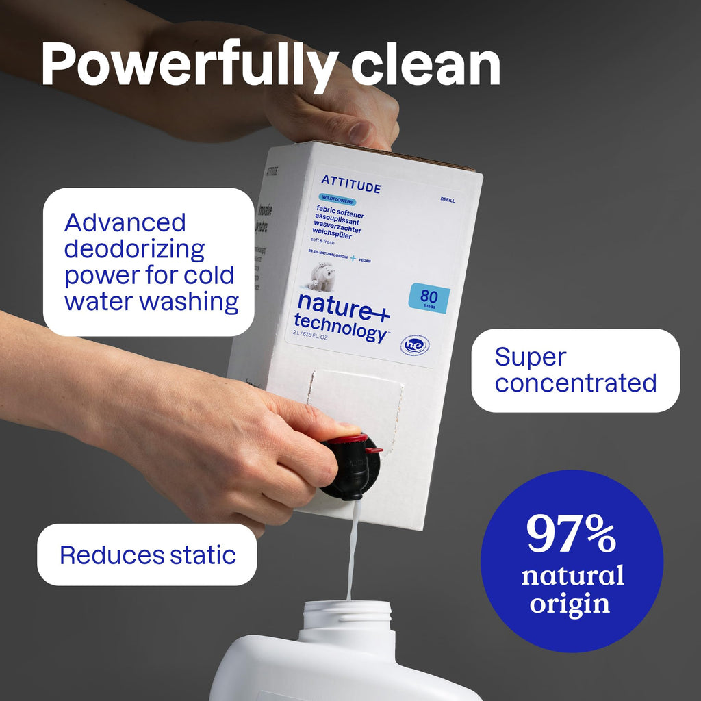 ATTITUDE Liquid Fabric Softener Refill, Plant-Based & Vegan, HE Compatible, Naturally Derived, Wildflowers Scent, 80 Loads, 67.6 Fl Oz