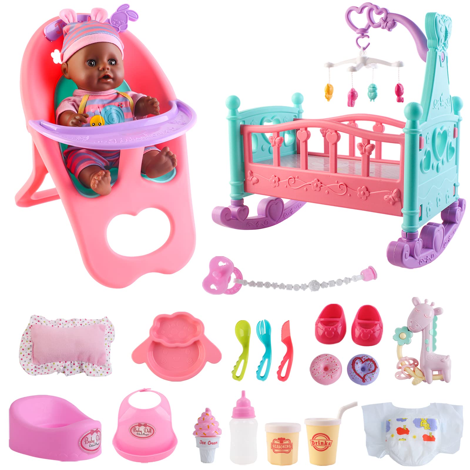deAO Black Baby Doll Set - Mobile, High Chair, Stroller & Feeding Accessories - 21 Piece Play Set (Doll Included)