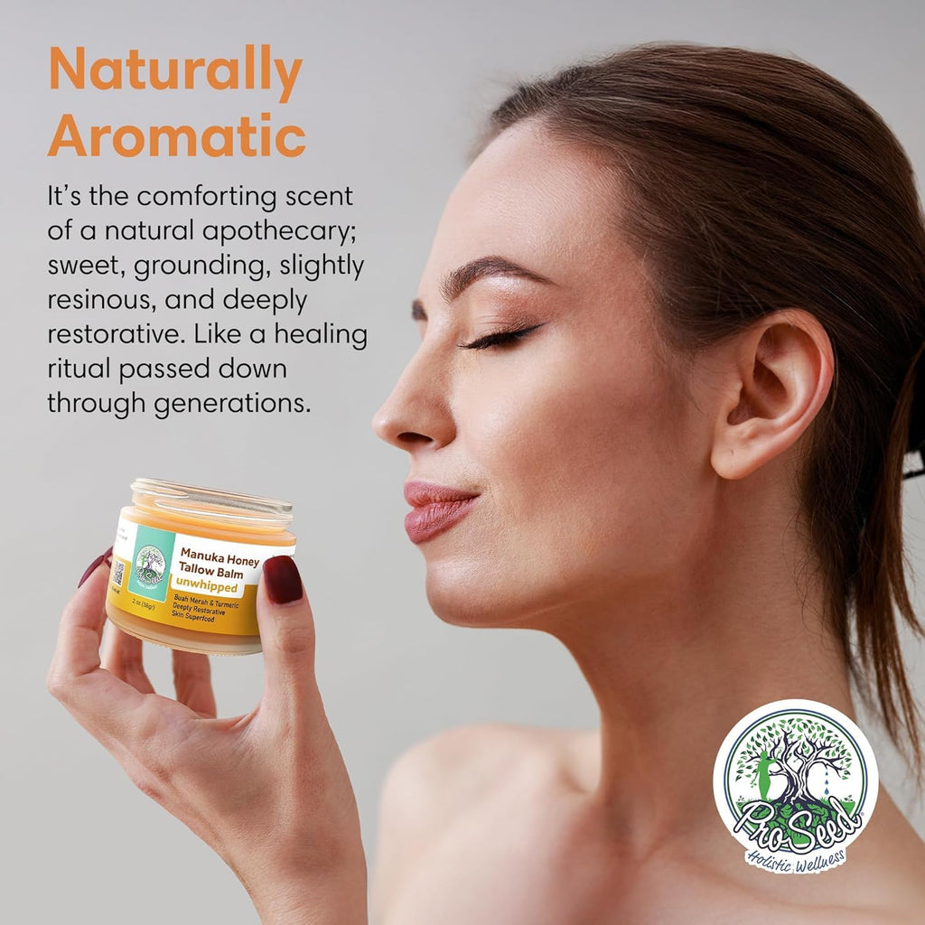 Manuka Honey Unwhipped Tallow Balm – Handmade Grass-Fed Beef Tallow with Frankincense, Vitamin E, Castor Oil, Buah Merah & Turmeric – Hydrates & Nourishes Skin for Men, Women & Kids – 2oz Glass Jar
