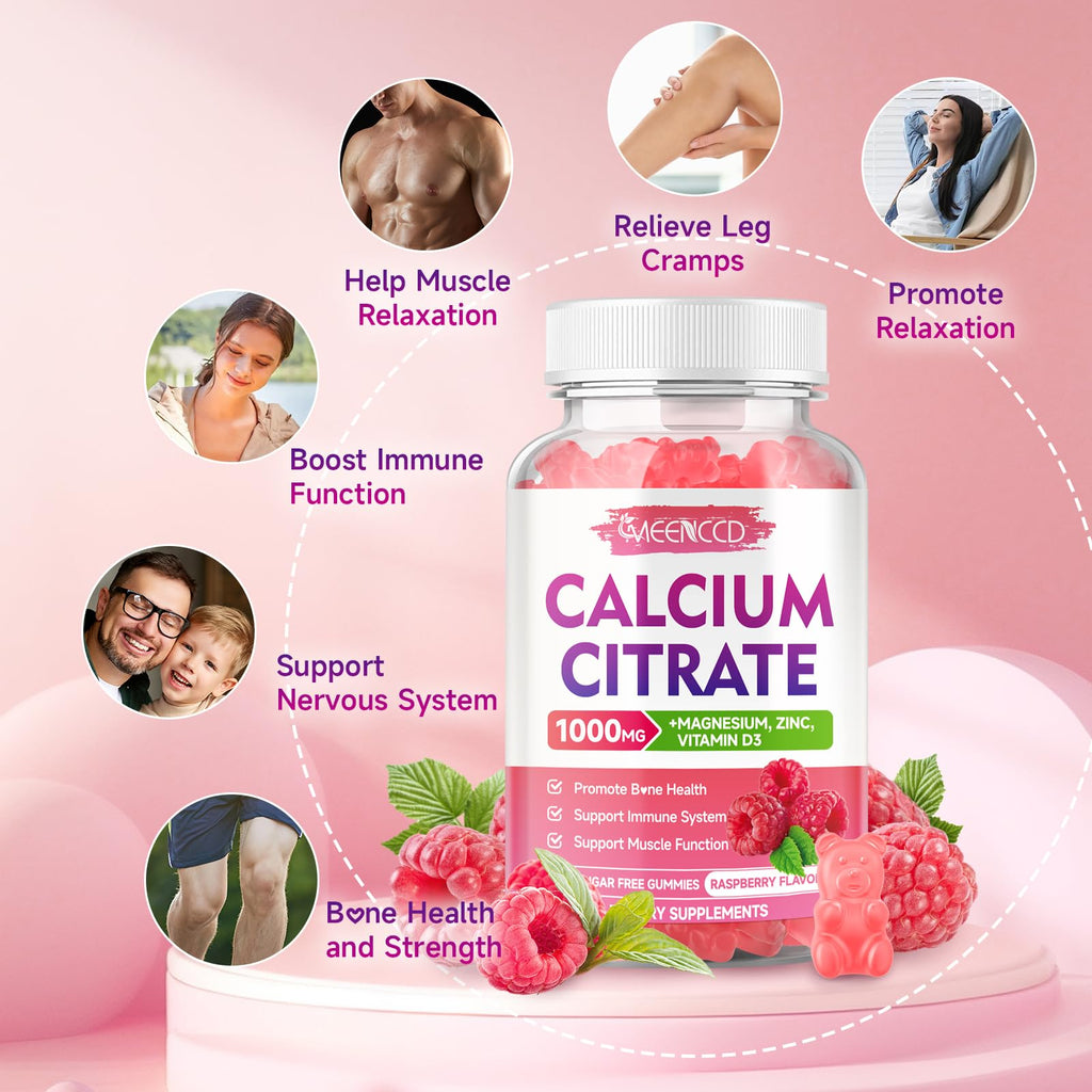 2 Pack Calcium Citrate Gummies 1000mg w/Vitamin D3, High Absorption Calcium Gummies for Women & Men, Plus Magnesium, Potassium, Zinc for Muscle & Immune Support, Raspberry Flavor, 120 Count