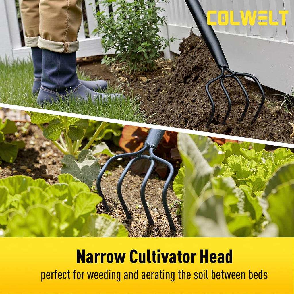 Colwelt 4 Tines Garden Cultivator Rake 59'', Hand Tiller Garden Tool with Sharp Forged Steel Head, 4 Tine Cultivators for Gardening with Long Handle, 4 Prong Rake for Digging Loosening Weeding