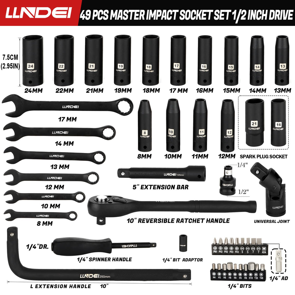 LLNDEI 1/2" Dr. Ratchet Impact Socket Wrench Set,Deep Sockets(8-24mm),Spark Plug Socket(16,21mm),49PCS, CR-V, Metric, With Combination Wrenches (8-17mm)