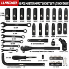 LLNDEI 1/2" Dr. Ratchet Impact Socket Wrench Set,Deep Sockets(8-24mm),Spark Plug Socket(16,21mm),49PCS, CR-V, Metric, With Combination Wrenches (8-17mm)