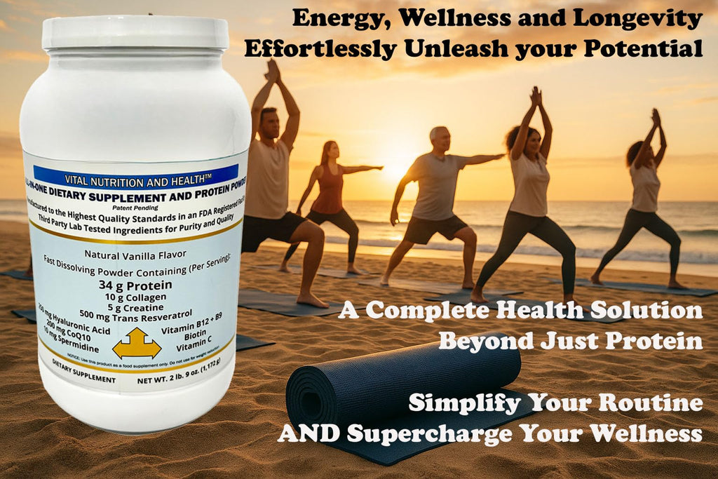Vital Nutrition and Health All-in-One Powder: Protein, Collagen, Creatine, Resveratrol, Spermidine, Hyaluronic Acid, CoQ10 + Key Vitamins