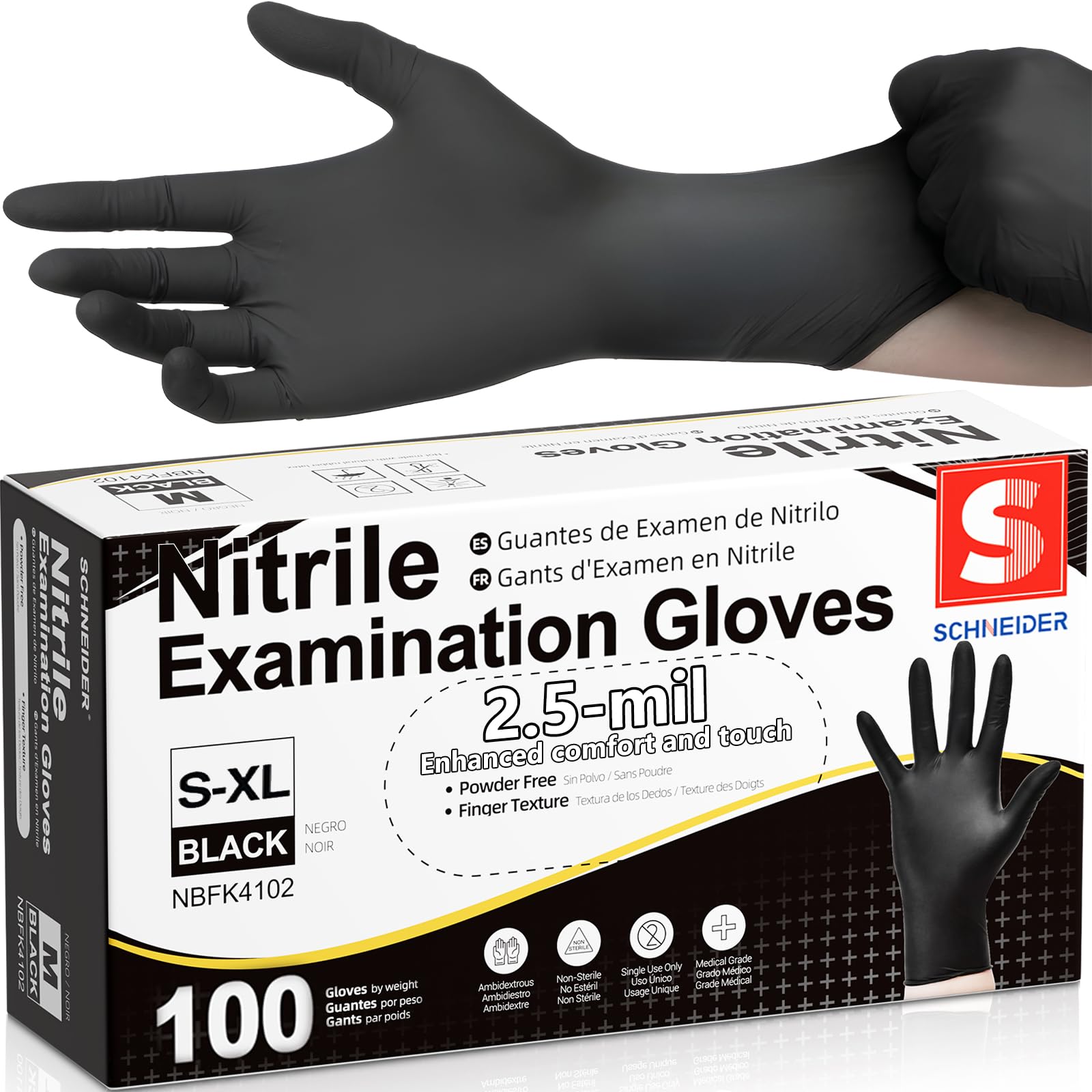 Schneider Black Nitrile Exam Gloves, Box of 100, Latex Free & Powder Free Disposable Gloves, for Medical, Food Prep & Cleaning, Large