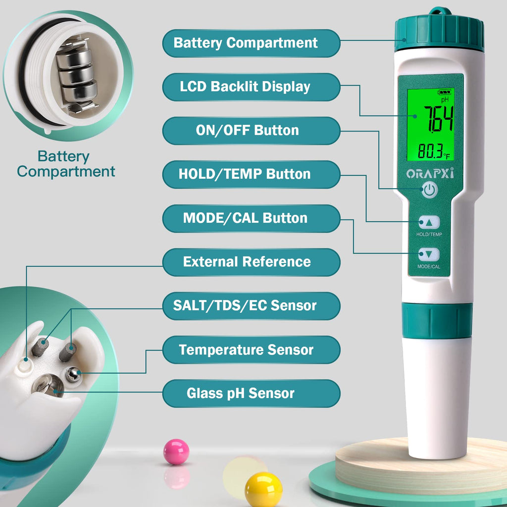 Pool Salt Tester ORAPXI pH and Salt Meter for Saltwater Pool pH and Salinity Digital Tester 5 in 1 Salt Meter for Swimming Pools Hot Tubs and Swim Spas