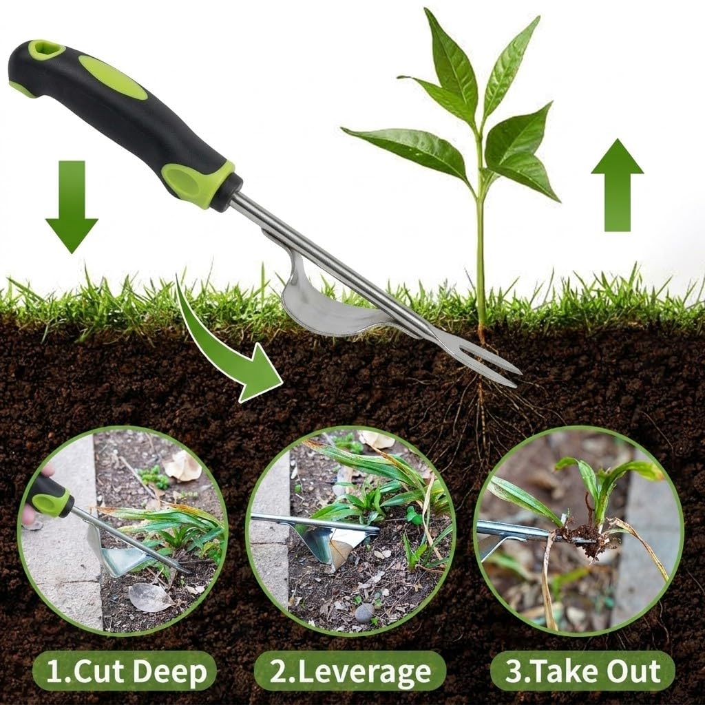 Juxifyron 3 Piece Weeding Tool Set, Stainless Steel Hand Weeder Kit with Rubber Handles, Crack Weeder, Weed Puller and Crevice Tool for Lawn, Flower Beds, Sidewalk Cracks, Patio and Between Pavers