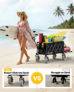 Beach Wagon with Big Wheels for Sand, 260L Capacity, Heavy Duty All-Terrain Folding Wagon with Expandable Rear, Durable Carbon Steel Frame & Big 8.3" Wheels for Beach, Outdoor & Camping Activities