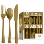 Party Solids Gold Plastic Silverware Heavy Duty 150 Pieces Gold Disposable Silverware Heavy Duty, Utensil Sets, 50 Of Each Forks, Knives & Spoons Disposable Cutlery Set For Party Supplies