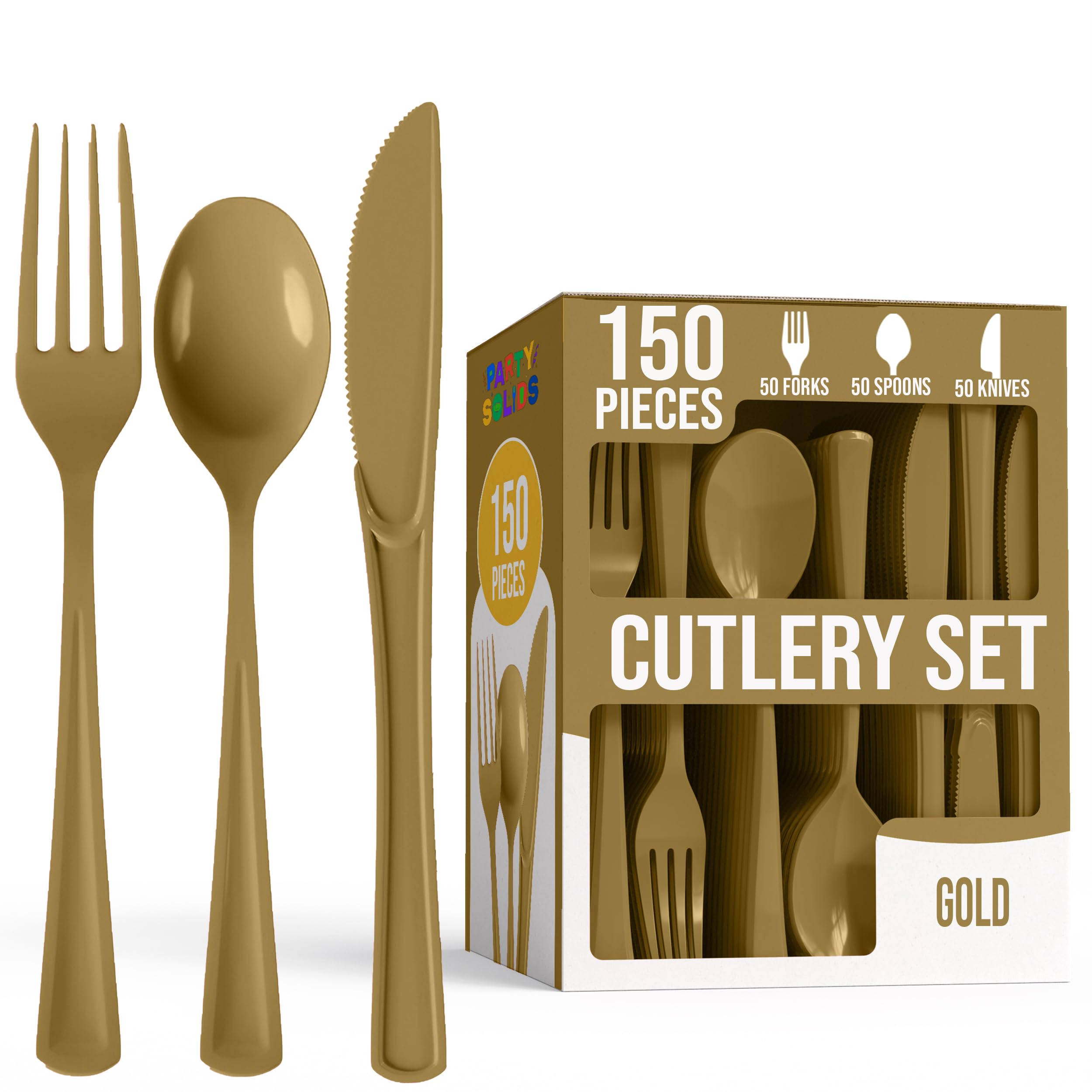 Party Solids Gold Plastic Silverware Heavy Duty 150 Pieces Gold Disposable Silverware Heavy Duty, Utensil Sets, 50 Of Each Forks, Knives & Spoons Disposable Cutlery Set For Party Supplies