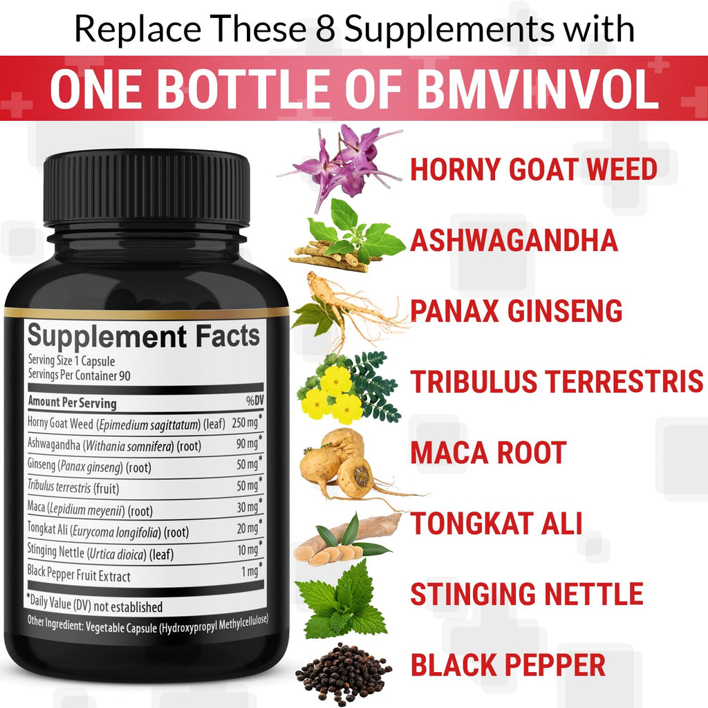 BMVINVOL Horny Goat Weed Capsules with Maca, Ginseng, Tribulus Terrestris, Ashwagandha, Black Pepper - 90 Count for 3 Month Supply