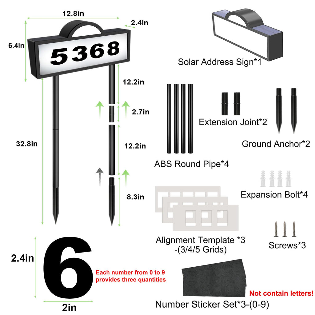 Solar House Numbers for Outside, 45 LED Lighted Address Sign for House Yard, 39inch Tall In Ground & Wall Mount, IP65 Waterproof Solar Powered Address Sign with Cool White or Warm White(Black)