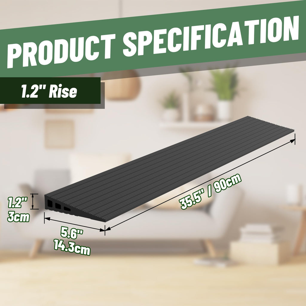 Nuvium 1.2" Rise Threshold Ramps for Doorways, 35.5" Wide Natural Rubber Power Wheelchair Ramp is Adjustable and Cuttable for Doorways, Curb, Sweeper, Power Scooters, 2000 Lbs Load Capacity