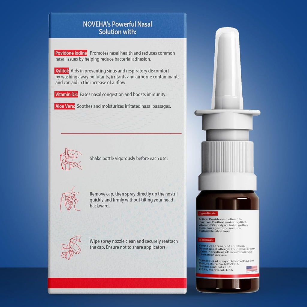 NOVEHA Nasal Spray- 1% Povidone-Iodine Spray, with Xylitol, Vitamin D3, Aloe-Vera - Nasal Cleanser (3 Pack)