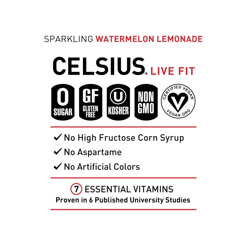 CELSIUS Sparkling Watermelon Lemonade, Sugar Free Energy Drink, 12 Fl Oz (Pack of 12)