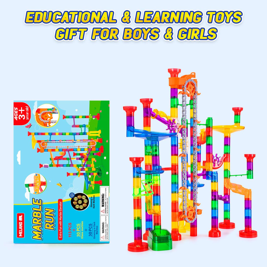 247Pcs Marble Run with Motorized Elevator, Construction Building Blocks Toys with 30 Glass Marbles and 30 Glow in The Dark Marbles, STEM Gifts for Boys and Girls