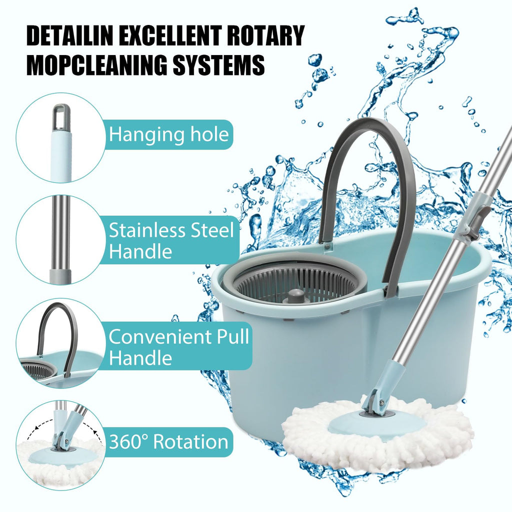 Spin Mop and Bucket with Wringer Set, 360° Spinning Mop Bucket System with 3 Microfiber Mop Replacement Heads, Adjustable Handle for Floor Cleaning (Light Blue)
