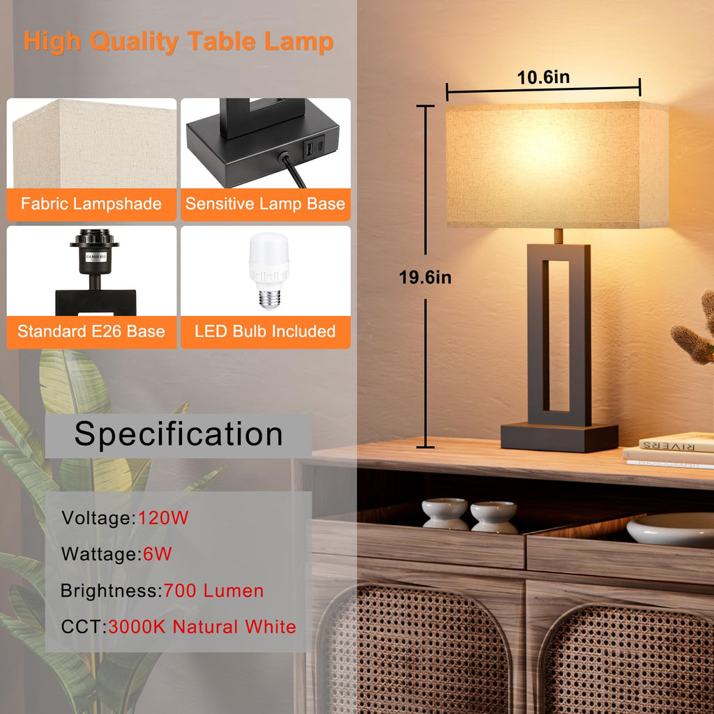 19.6" Touch Lamps for Nightstand, 3 Way Dimmable Bedroom Lamp, USB C+A