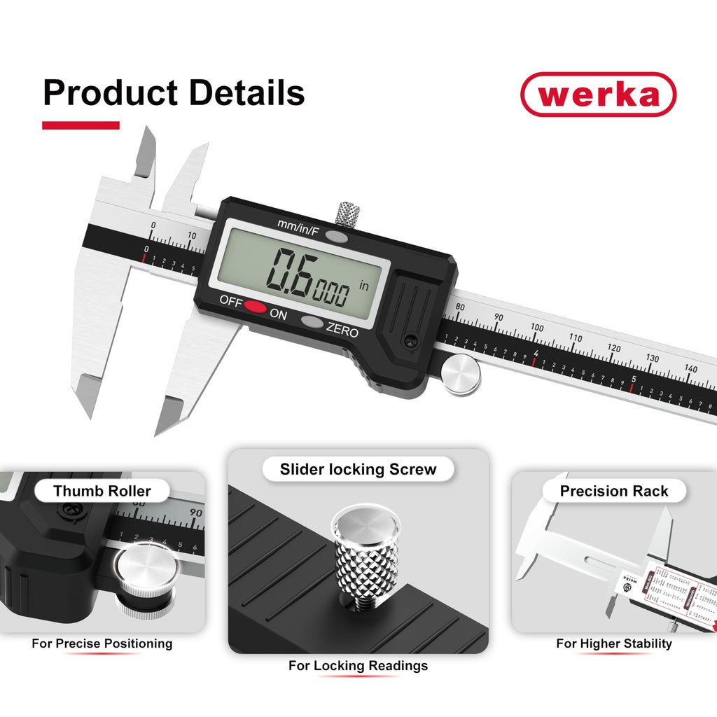 werka Digital Caliper, Calipers Measuring Tool, Auto-Off Micrometer Caliper with 0.001”High-Accuracy,Inch/Fraction/Millimeter Conversions Button,4 Measuring Ways, Stainless Steel (8 Inch)