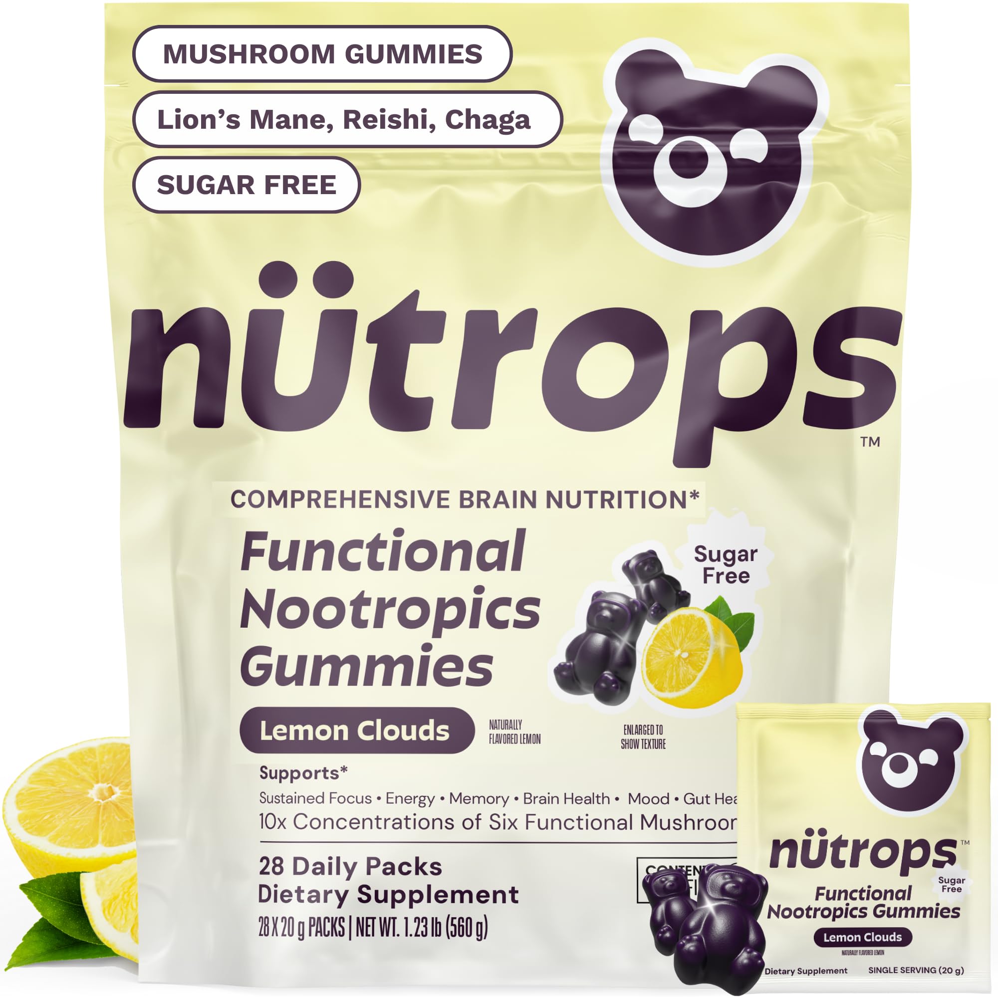 Nutrops Sugar-Free Lions Mane Mushroom Gummies for Adults, Functional Nootropics, Herbal Brain Supplement for Energy, Brain Health, Cognitive, Memory & Focus, Reishi, Chaga, Cordyceps - 28 Day Supply