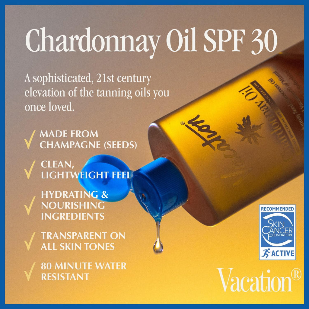 Vacation Chardonnay Oil SPF 30 Duo, Hydrating & Nourishing, Lightweight, Transparent on All Skin Tones, Water-Resistant, Travel Size Sunscreen Two-Pack, 3.4 Fl. Oz. Each