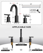 FORIOUS Black Bathroom Faucet 3 Hole, 8 Inch Matte Black Bathroom Sink Faucet Widespread with 360° Swivel Spout, Suitable for 6-12 Inch Vanity Sink, with Pop-up Drain and cUPC Supply Line