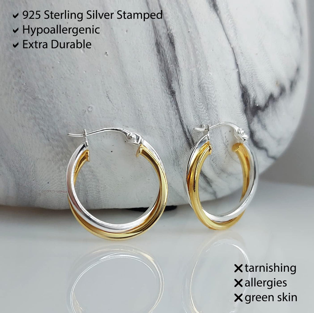 Hoops & Loops 925 Sterling Silver Intertwined Round Hoop Earrings for Women, Two-Tone Layered Trendy Double Square-Tube Hypoallergenic Click-Top Hoops, 20mm - Two-Tone Silver & Yellow Gold