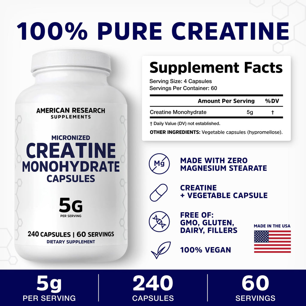 Creatine Monohydrate Capsules 5G | 60 Servings | Vegan | 4 Caps per Serving | Micronized Creatine Pills 5000mg | 240 Capsules | Creatine Pills For Men & Women | 2 Months Supply | Made Without Fillers