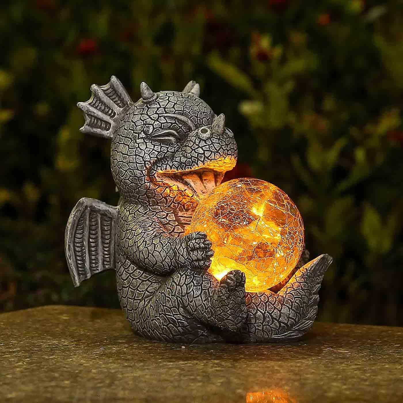Jy.Cozy Garden Dragon Statue Solar Powered Outdoor Figurine Light Decor Cute and Hold Glowing Glass Ball Resin Sculpture Home Decoration for Porch Patio Lawn Farm Yard Housewarming Ornament Gift